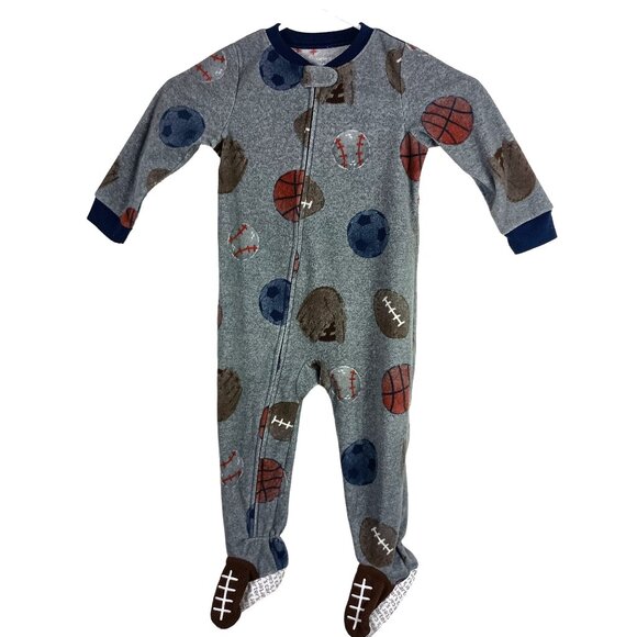 Carters Footed Pajamas Baby 24M Blue Sports Print Fleece Sleeper One Piece Zip - Picture 1 of 7